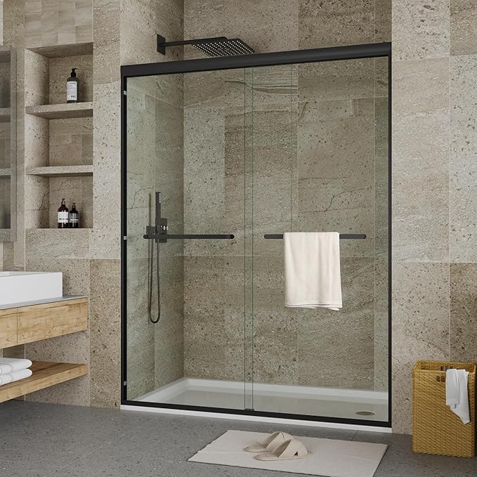 8mm Double Sliding Shower Door - 56 to 60 inch Adjustable Width x 72 inch Height - Space-Saving Bypass Shower Enclosure with Square Track Frame & Matte Black Finish