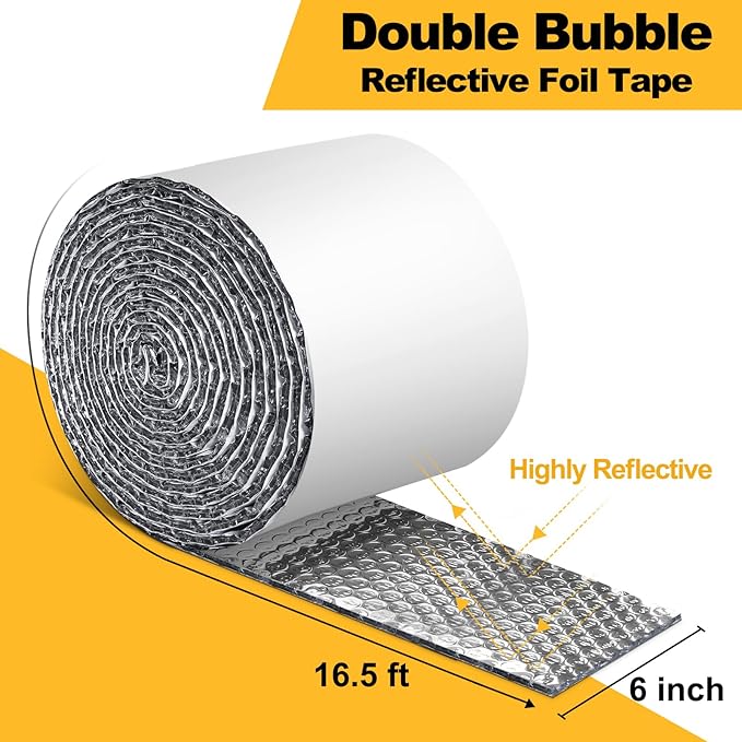 Double Bubble Reflective Foil Insulation Tape, Self-Adhesive Ac Pipe Insulation Wrap for AC Hose, HVAC Duct, Exhaust Hose, Bubble Wrap Insulation for Weatherproof Attics, Windows, Garages -6 inch