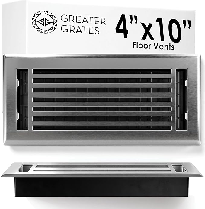 Floor Register 4x10 Vent Cover – Heavy-Duty Steel, Rustproof & Walkable Grates, Easy Drop-in Install, Adjustable Air Supply Switch - Decorative Straight Line Design, Brushed Nickel