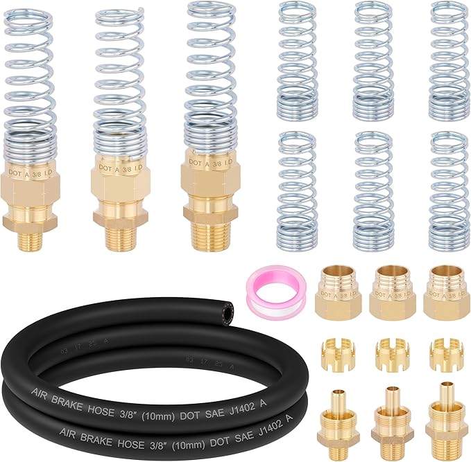 18 Pcs Brass 3/8” DOT Air Hose Male Connector Fittings with Spring Guards, Air Brake Hose End Fitting with Sleeve Tubes，50 Inch 3/8” Rubber Air Hose for Semi Truck Trailer Tractor
