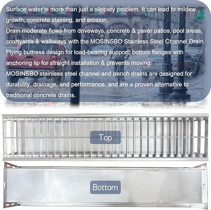 304 Stainless Steel Channel Drain with Galvanized Steel Grate 39.4x9x6 in, B-Class 28100 lbs Heavy-Duty Drain Kit for 3" Pipe, Trench Drainage System for Outdoor, Driveway, Garage, Yard