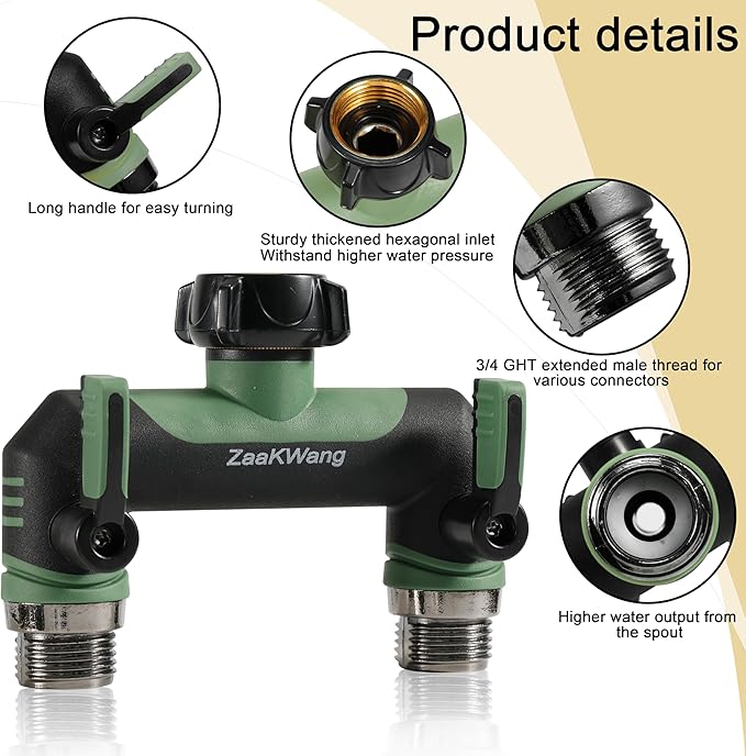 Full Flow Heavy Duty Two - Way Hose Splitter, Rugged Garden Faucet Adapter, Spout Diverter T - Way Adapter with Extended Handle, 3/4” GHT Thread, Green