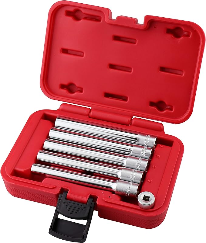 6PCS 3/8-Inch Drive Deep Metric Socket Set 6PT 8-10-11-12-14MM W 1/4-Inch Adapter- Extra Long Deep 120MM