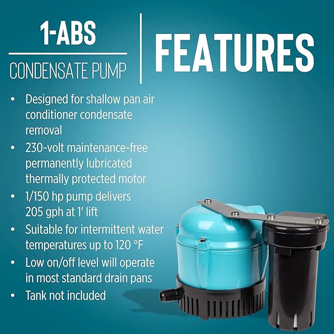 Little Giant 1-ABS 230-volt, 50/60 Hz, 1/150 HP, 205 GPH Automatic Shallow Pan Condensate Removal Pump for Ceiling Mounted Air Conditioners or Dehumidifiers, Black/Blue, 550532