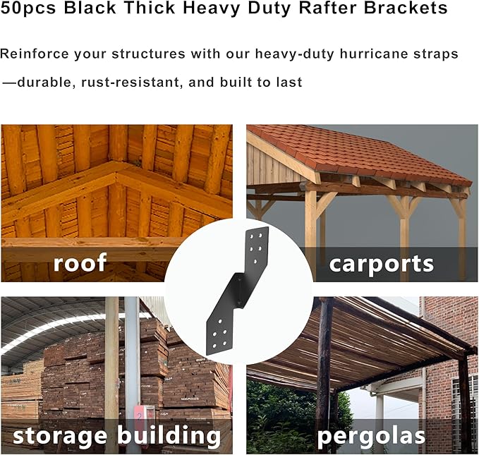 (50pcs) 16-Gauge Thick Hurricane Straps, Black Powder-Coated Rafter Ties, Heavy Duty Right Rafter Brackets, Strong Hurricane Clips, Tie Brackets for House, Roof Trusses, Shed, Building (Right)