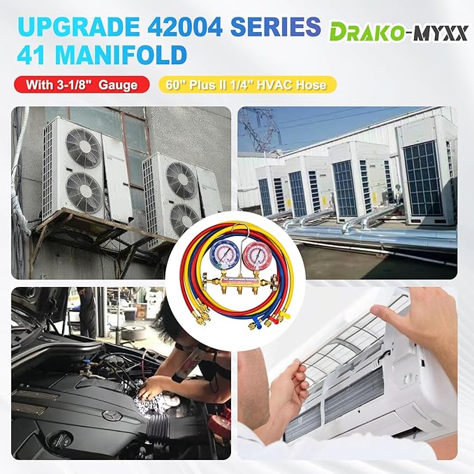 2026 Upgrade 42004 Test and Charge Manifold with 3-1/8" (80 mm) Gauge, for R-22/ 404A/ 410A, 1/4" to 1/4" Standard Flare Fittings with 60" HVAC Hoses, Gauge with Colored Label, Hvac Gauges with Hoses