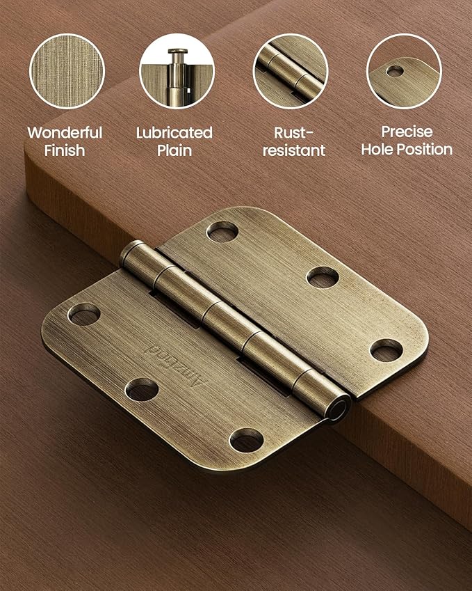 Atique Brass Door Hinges - 12 Pack Atique Door Hinges 3.5 Inch Rounded Interior Door Hinge with 5/8" Radius - Heavy Duty 3 1/2" Brass Hinges for Residential Door Hardware