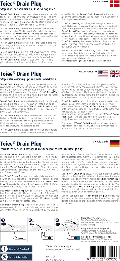 Drain Plug (32mm) Inflatable Pipe Plug, Pipe Stopper. The Toiee Drain Plug with Pump, 85cm Hose and Balloon. Stop Water coming up into the Sewage Line or Drain