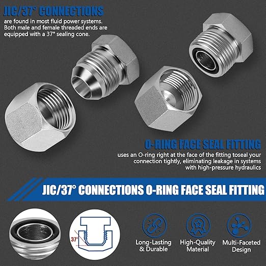 XJX 144-Piece JIC and ORFS Cap and Plug Kit, Hydraulic Hose Caps and Plugs Kit 45# Steel Pipe Fitting Set with Precision Threads