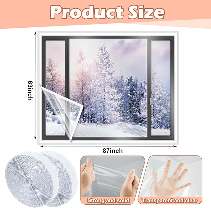 63 x 87 Inch Window Insulation Kit Cuttable Transparent Film with Adhesive Straps Reusable Window Plastic for Winterizing Thicken Thermal Waterproof Attic Insulation Cover Warm Winter