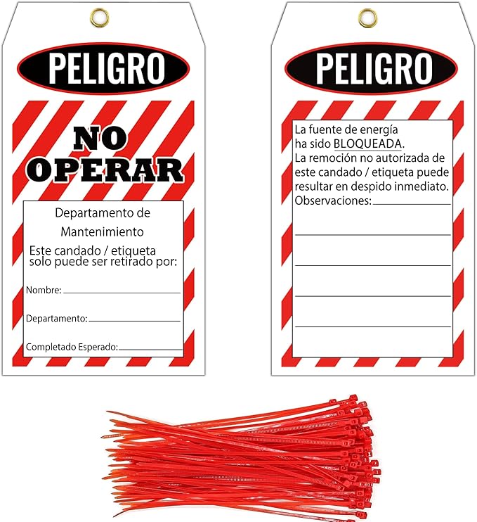Pop Resin 50 Pcs Lockout Tagout Tags Do not Operate Equipment Labels with 50 Zip Ties OSHA Compliant for Out of Service Machine Maintenance (Spanish)
