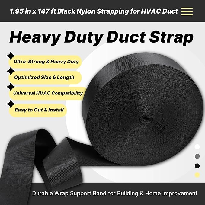 Heavy Duty Duct Strap – 1.95 in x 147 ft Black Nylon Strapping for HVAC Duct, Durable Wrap Support Band for Building & Home Improvement