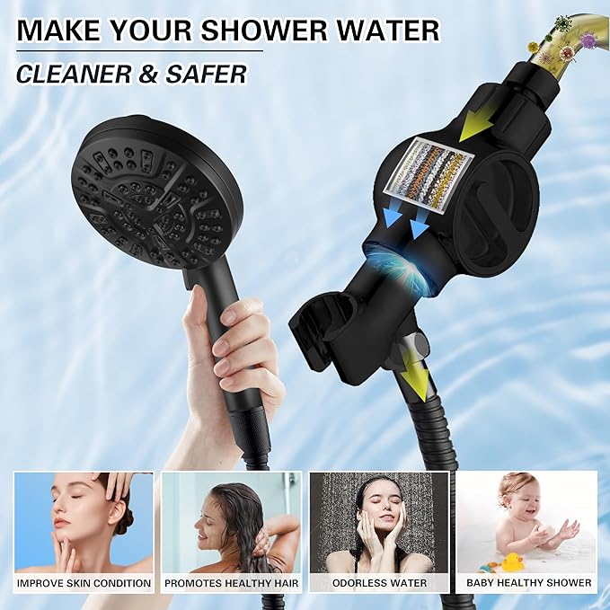 2 Handle Shower Faucet Set with Filter Shower Head Holder Matte Black 2 knobs Shower Faucet Set, Wall Mounted