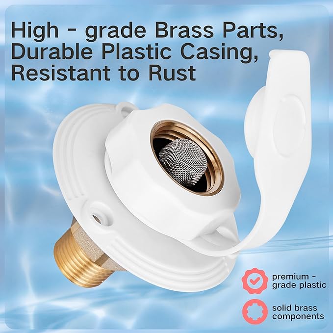 RV City Water Inlet with Check Valve – 3/4″ NH to 1/2″ NPT Brass, White Dust Cap