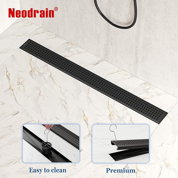Neodrain 28-Inch Black Linear Shower Drain with Removable Quadrato Pattern Grate,Professional 304 Stainless Steel Rectangle Shower Floor Drain Manufacturer,Leveling Feet,Hair Strainer,Matte Black