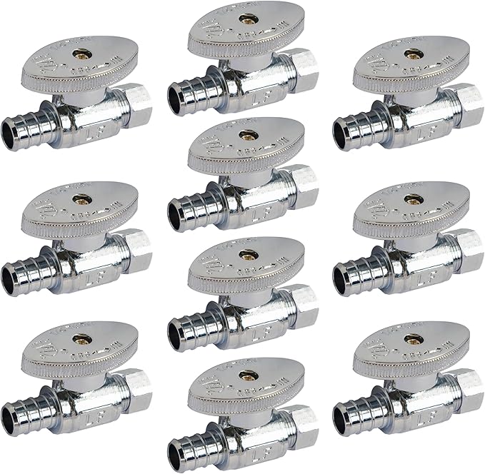 Hourleey 10 Pack Straight Stop Valve, Water Shut Off Valve 1/2" PEX x 3/8" OD Compression, Quarter Turn Chrome Plated Brass Valve for Faucets and Toilets
