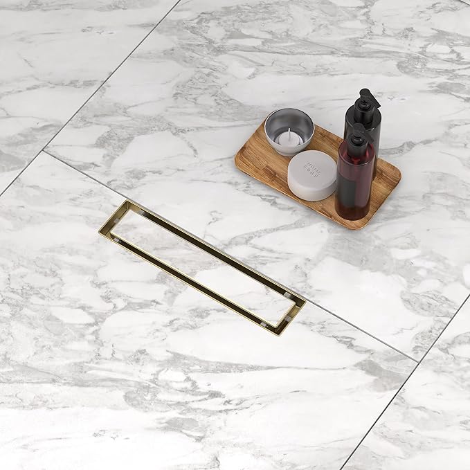 Linear Shower Drain. 12 Inch Shower Trench Drain with 2-in-1 Flat Cover & Inser Cover,304 Stainless Rectangle Steel Shower Floor Drain with Hair Strainer and Leveling Feet (Gold, 12 in)