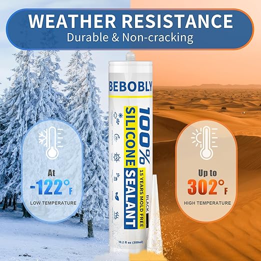 Black Silicone Caulk & Sealant, 100% Waterproof Silicone Caulking, Silicone Sealant Caulking for Kitchen, Bathroom, RV, Interior & Exterior Use, Shrink & Crack Proof, 10.2 FL. OZ/300ML, 12 Pack