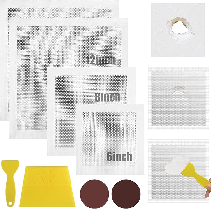 succulentlovers 8Pack Drywall Repair Kit, 6/8/12/12 Inch Dry Wall Patch Kits for Large Holes with Scraper & Sandpapers,Heavy Duty Self-Adhesive Mesh Drywall Hole Sheetrock Repair Kit for Wall Ceiling