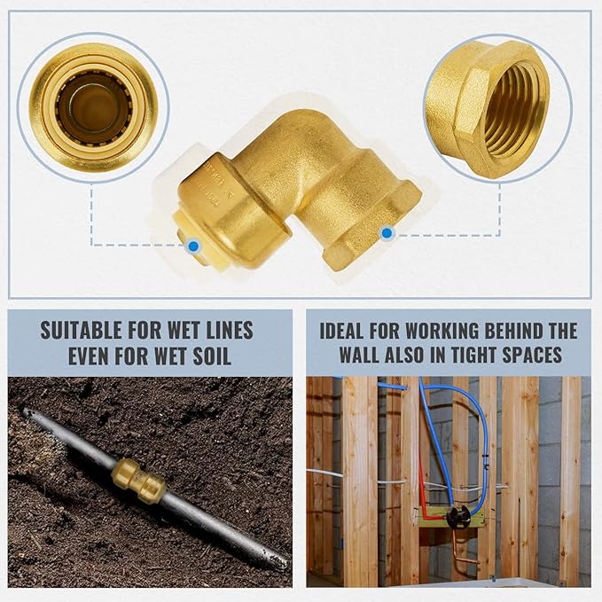 SUNGATOR 1/2 Inch 90 Degree Female Adapter Elbow, 1/2 Inch FNPT, No Lead Brass Push-to-Connect Plumbing Fittings for Pex Pipe, Copper, CPVC, with 1 Disconnect Clip and 1 Sealing Tape, Pack of 2