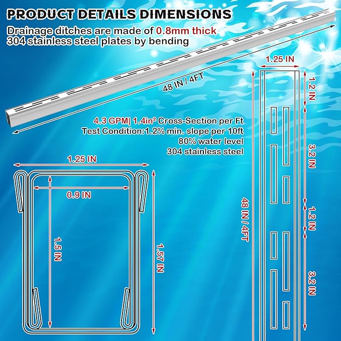 4 Pcs Pool Deck Drain 1.25-inch W x 4-feet L, Silver Outdoor Deck Drainage System 304 Stainless Steel with Coupling, Channel Drain for Integrated Grate/Concrete/Paver/Patios/Walkways