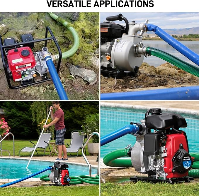 Discharge Hose Pump Kit Includes 2" x 50' Blue PVCBackwash Hose & 2"×20' Green PVC Suction Hose,With aluminum cam lock fitting, round hole suction cup filter and groove adapter