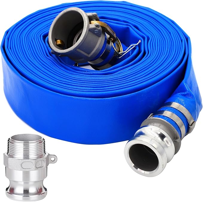 DAVCO 2" ID × 25 ft PVC Lay Flat Discharge Hose, Heavy Duty Reinforced Blue Pool Backwash Hoses For Swimming Drain Pools, with Aluminum Camlock C and E Fittings, Cam Lock Fitting Type F included