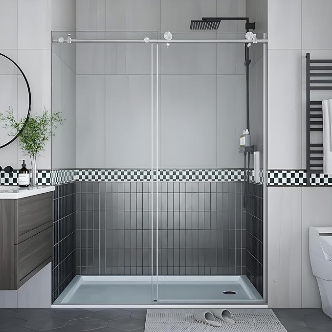Sliding Shower Door for 56-60" x 76" Opening, 6mm Coated Tempered Glass, One Fixed & One Sliding Panel, Stainless Steel Round Rail, Brushed Nickel Finish, Semi-Frameless Design
