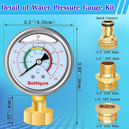 Water Pressure Gauge, 0-200 Psi Pressure Gauge Filled with Oil, 3/4" GHT Female Thread Water Pressure Test Gauge with 3 Adapters,for Home, Industrial, Garden Multiple Locations Pressure Test