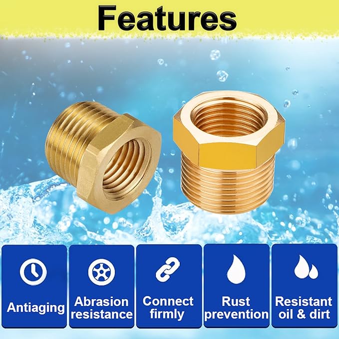 ZOUNI 2 Pcs Brass Reducer Hex Bushing, 1/2" NPT Male to 3/8" NPT Female Brass Threaded Pipe Fitting Hex Bushing, Heavy Duty Pipe Fitting Reducer Adapter (1/2"MNPT - 3/8"FNPT)