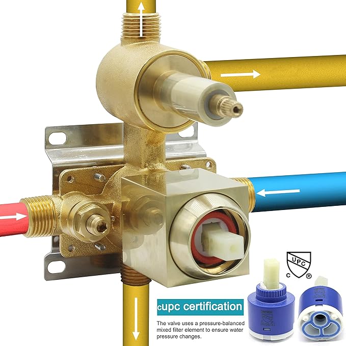 Brushed Gold 3 Way Shower Valve, Concealed Brass 3 Outlet Function Shower Diverter Valve Flow Control Mixer Mixing Rough-In Shower Valve Kit