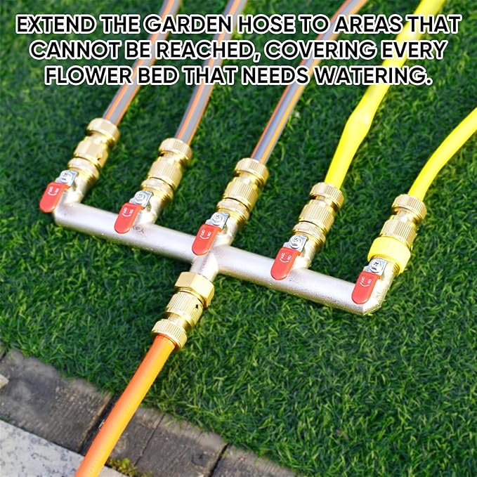 5 Way Garden Hose Splitter, Heavy Duty Brass Nickel Plated Rust Resistant Faucet Manifold, 3/4" Frost Resistant Outdoor Hose Adapter Connector，Hose Spigot Adapter with 5 large red handles