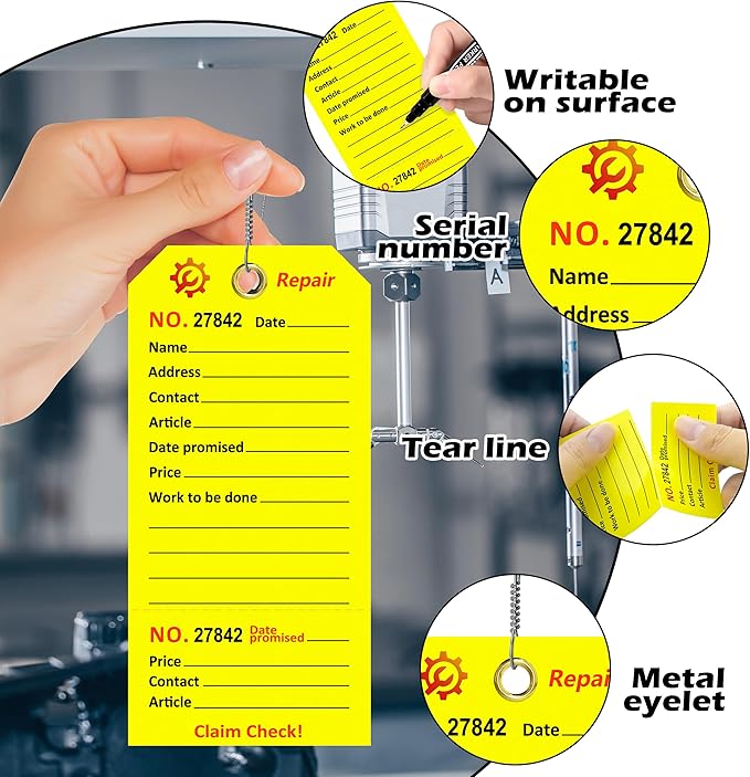 500 Pcs Repair Tags with Hole and Wire Maintenance Service Tags 2.6 x 5.25 Inch Numbered for Machinery & Office Service Tickets Equipment Maintenance Price Notice with Stub Yellow (500)