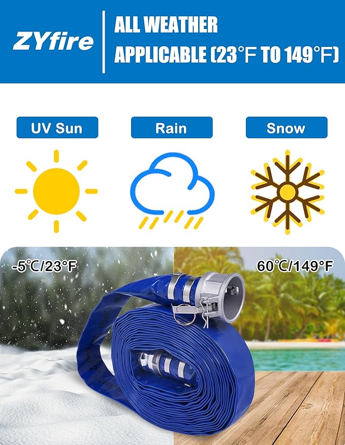 ZYfire Backwash Hose - 1-1/2" x 50 FT PVC Lay Flat Discharge Hose with Aluminum Camlock C & E Fittings Heavy Duty Reinforced Pump Discharge Hose Weather and Burst Resistant for Pool Drain, Sump Pump