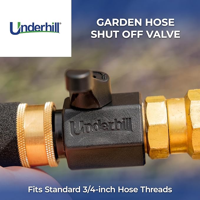 Underhill Garden Hose Shut Off Valve 3/4-Inch Thread, Plastic Nozzle Connector Attachment, Heavy-Duty Fittings, CV075P