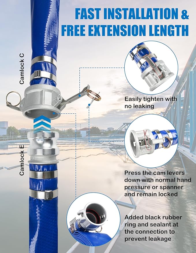 ZYfire Backwash Hose - 1-1/2" x 100 FT PVC Lay Flat Discharge Hose with Aluminum Camlock C & E Fittings Heavy Duty Reinforced Pump Discharge Hose Weather and Burst Resistant for Pool Drain, Sump Pump