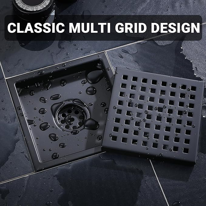 4 Inch Square Shower Floor Drain, Stainless Steel Black Shower Drain Kit with Flange, Floor Drain with Removable Grid Cover,Matte Black