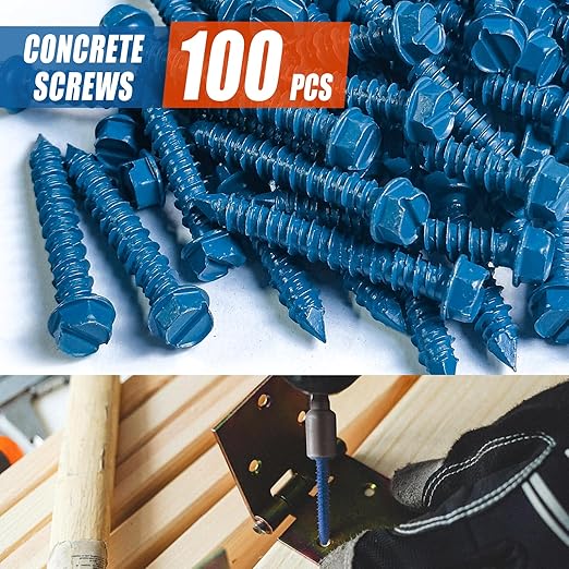 100Pcs 1/4" x1-3/4 Concrete Screws with Drill Bit, Hex Head Concrete Cement Screws Anchor Assortment Kit for Masonry, Block Brick or Stucco