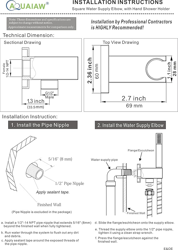 Aquaiaw Brass Wall Supply Elbow with Flange, Matte Black Electroplate, 1/2 NPT Female Inlet Tapered