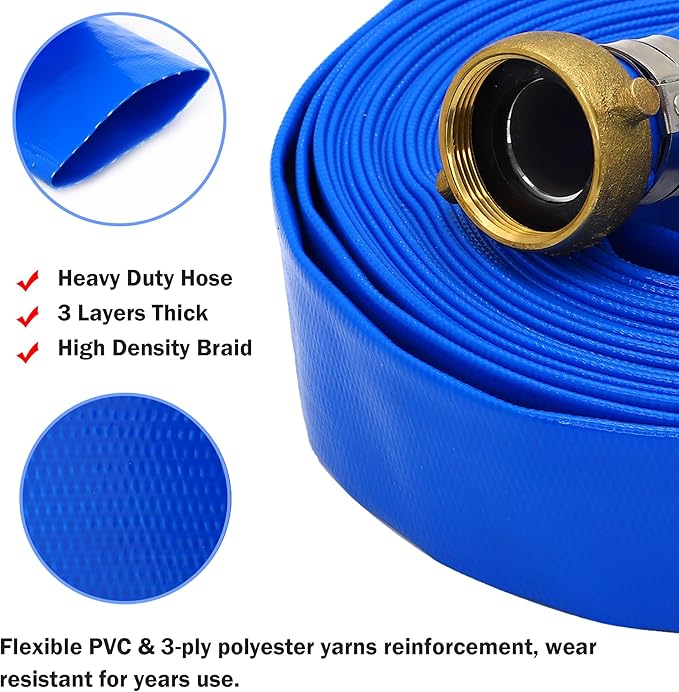 DAVCO 1" ID x 25 ft PVC Lay Flat Discharge Hose with Aluminum Pin Lug Fittings, Heavy Duty Reinforced Blue Backwash Pump Hoses for Swimming Drain Pools and Clean Filters