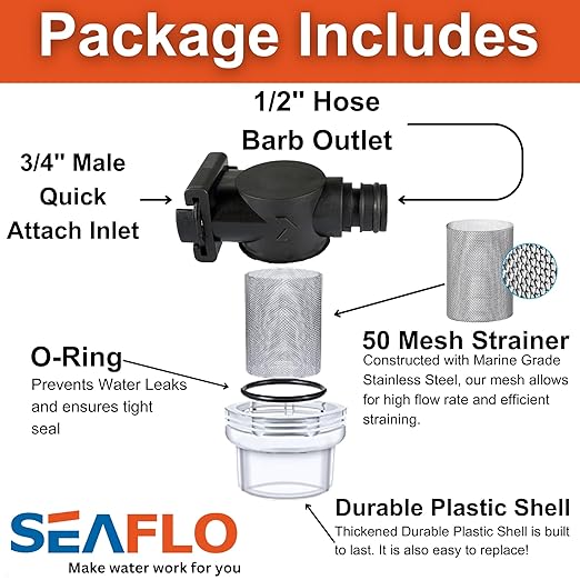 SEAFLO Inline Water Pump Filter 52S02-3/4" Male Quick Attach with 1/2" Hose Barb, 50 MeshSteel Strainer with Plastic Shell, Fits SEAFLO 56 Series Pumps, RV, Marine, Agriculture, Lawn Care (50-Pack)