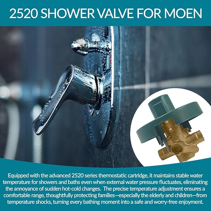 2520 Shower Valve, Brass Pressure Balancing Shower Valves Replacement for Moen 2520-1/2-Inch CC Connection, for Moen Trim Kit, 4-Port Design with 1222 Cartridge Included