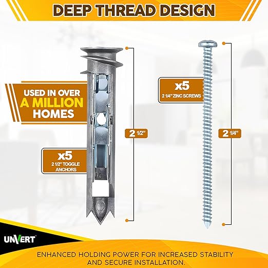 Self Drilling Ez Drywall Toggle Anchor Kit, Heavy Duty #8 Anchor with Screws - Easy Wall Ancors for Hanging and Mounting - Holds Up to 100 Lb. (5 Pack)