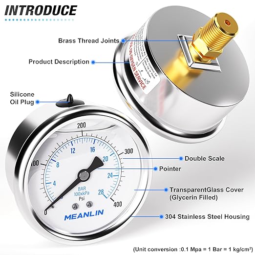 MEANLIN MEASURE 0~400Psi Stainless Steel 1/4" NPT 2.5" FACE DIAL Liquid Filled Pressure Gauge WOG Water Oil Air Center Back Mount, with 1/4" x 1/2" NPT and 1/4" x 3/8" NPT Hex Bushing