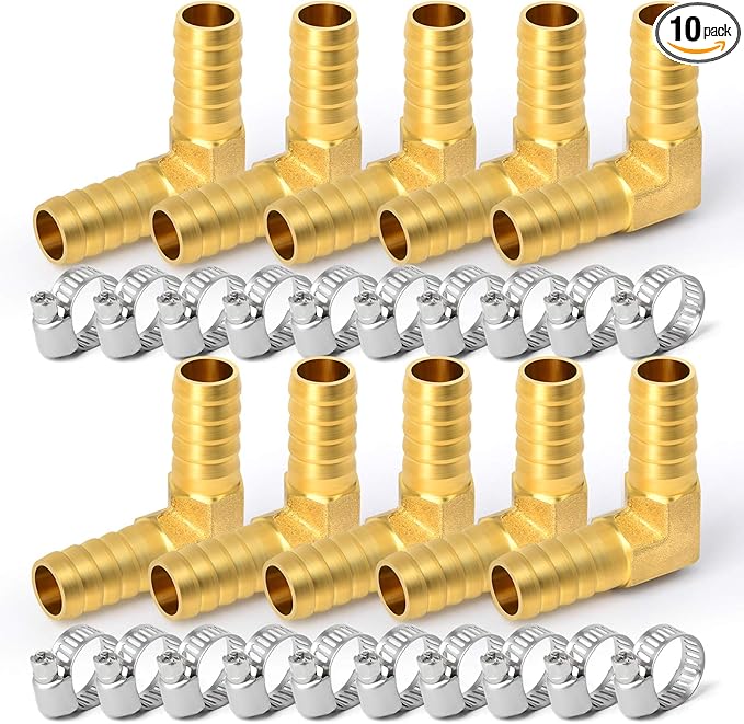 GASHER 10 Pieces Brass Hose Barb Reducer, 5/16 Inch to 5/16 Inch Hose ID 90 Degree L Right Angle Elbow with 20 Hose Clamps, Brass Barb Reducer SPLICER Fitting Fuel/AIR/Water/Oil/Gas/WOG