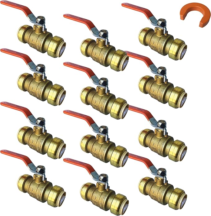 PROCURU 12-Pack 1-Inch PushFit Forged Brass Ball Valve, Push-to-Connect Full Port, Heavy Duty Valve for Copper, PEX, CPVC, Certified Safe (8X8316-12P)