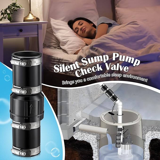 1 Pack Sump Pump Check Valve Fit 1-1/2 inch and 1-1/4 inch Pipe, Check Valve with 4 Pcs Stainless Steel Hose Clamps for Sump Pump Life Expectancy Increase