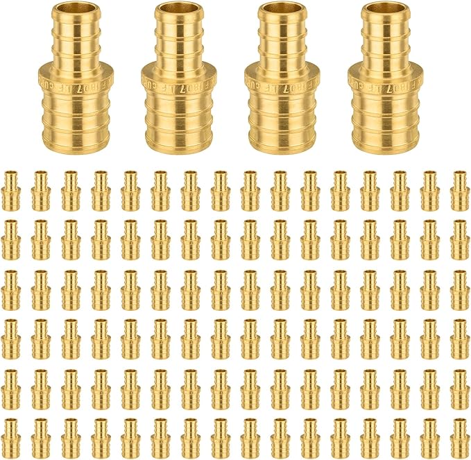 100-Pack Foskan 3/8" x 1/2" PEX Straight Reducing Coupling,Brass Crimp Fittings for PEX Tubing Pipe