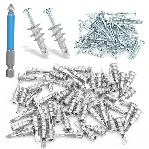 100pcs Drywall Anchors, Zinc Self-Drilling Anchor and Screw with Cross Groove Drill Bit, Fasteners Wall Anchors