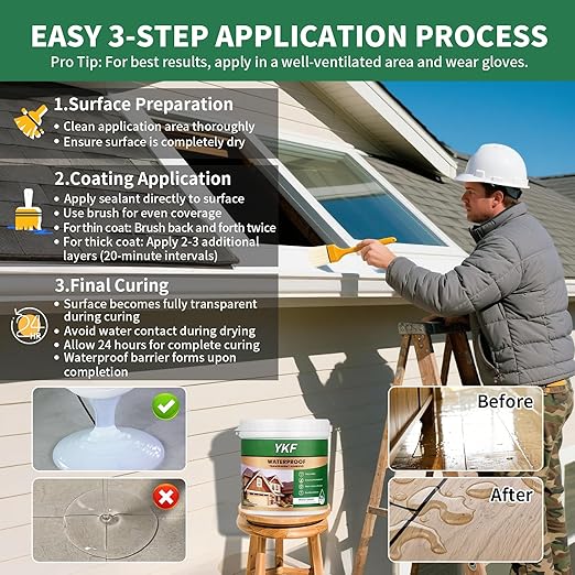YKF Transparent Waterproof Sealant 12 Oz, Clear Water-Based Invisible Leak Repair Coating for Roofs, Walls, Bathroom, Shower, Kitchen, Indoor & Outdoor Waterproof Agent